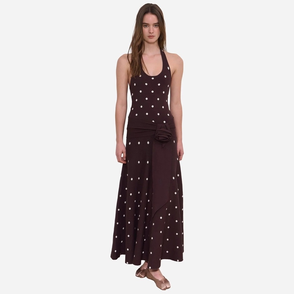 Urban Sophistication Brown Polka Dot Maxi Halter Dress - XS